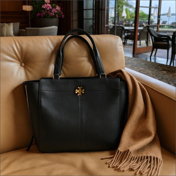 New Tory Burch Ivy Side Zip Black Pebbled Leather Large Shoulder Tote - Picture 1 of 13